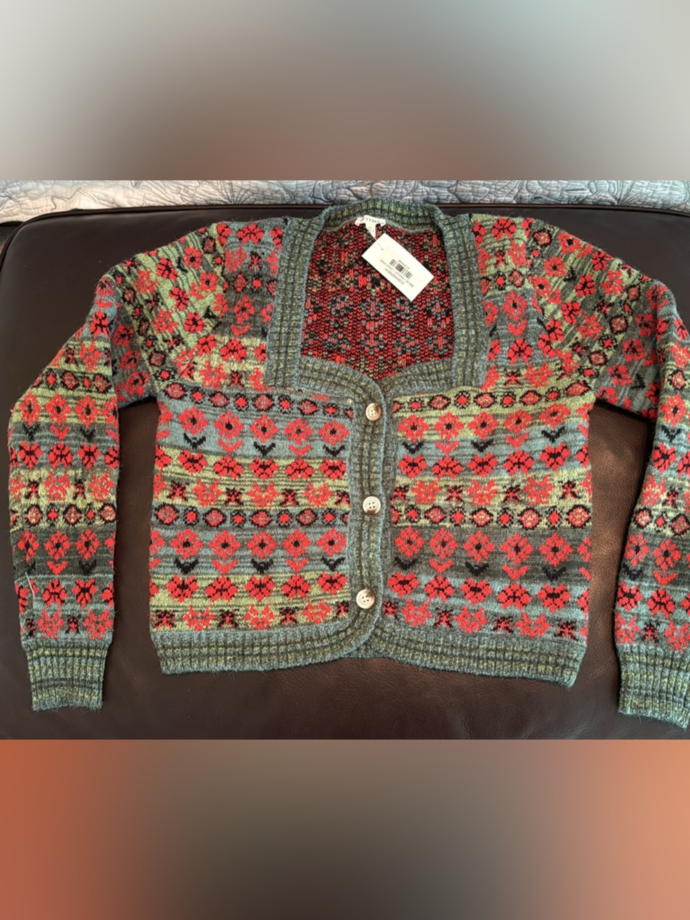 Floral Fair Isle Button-Up Cardigan in Teal and Red